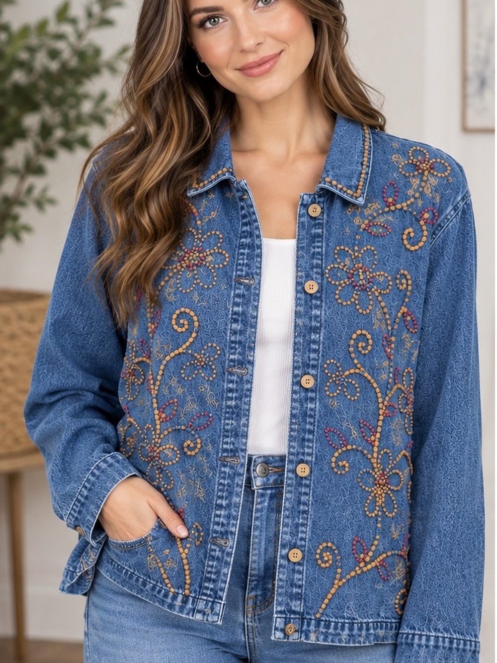 Keren Hart Denim Jacket XXL Embroidered Floral Beaded 100% Cotton